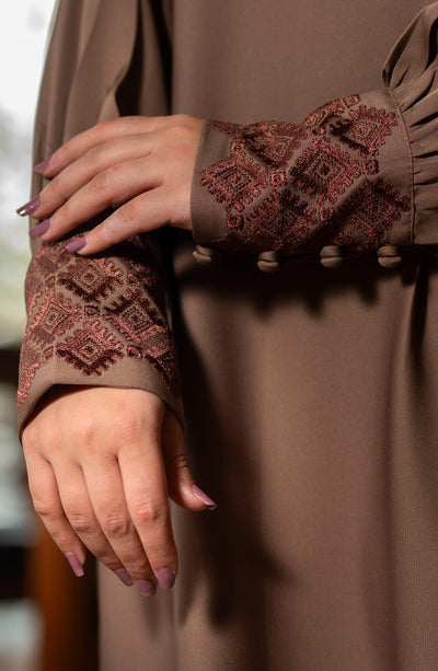 embroidered sleeves abaya in beige color