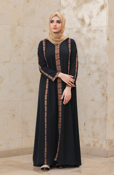 embroidered black front closed abaya