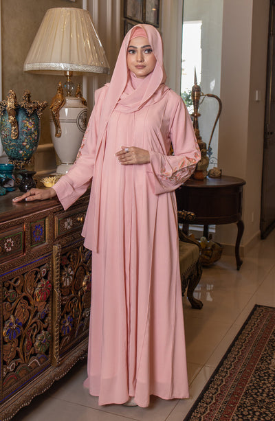 pink embroidered abaya with pin tucks on front panels