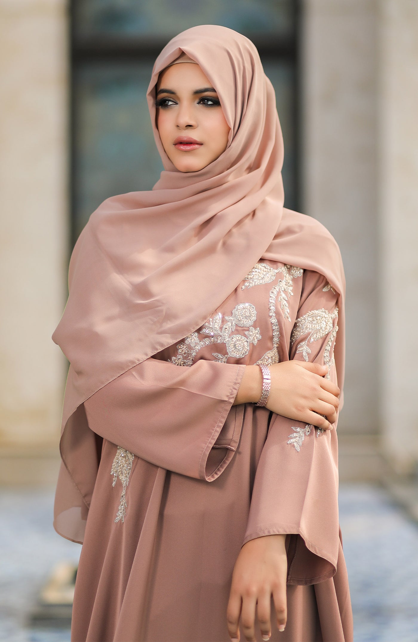 brown peach embroidered abaya