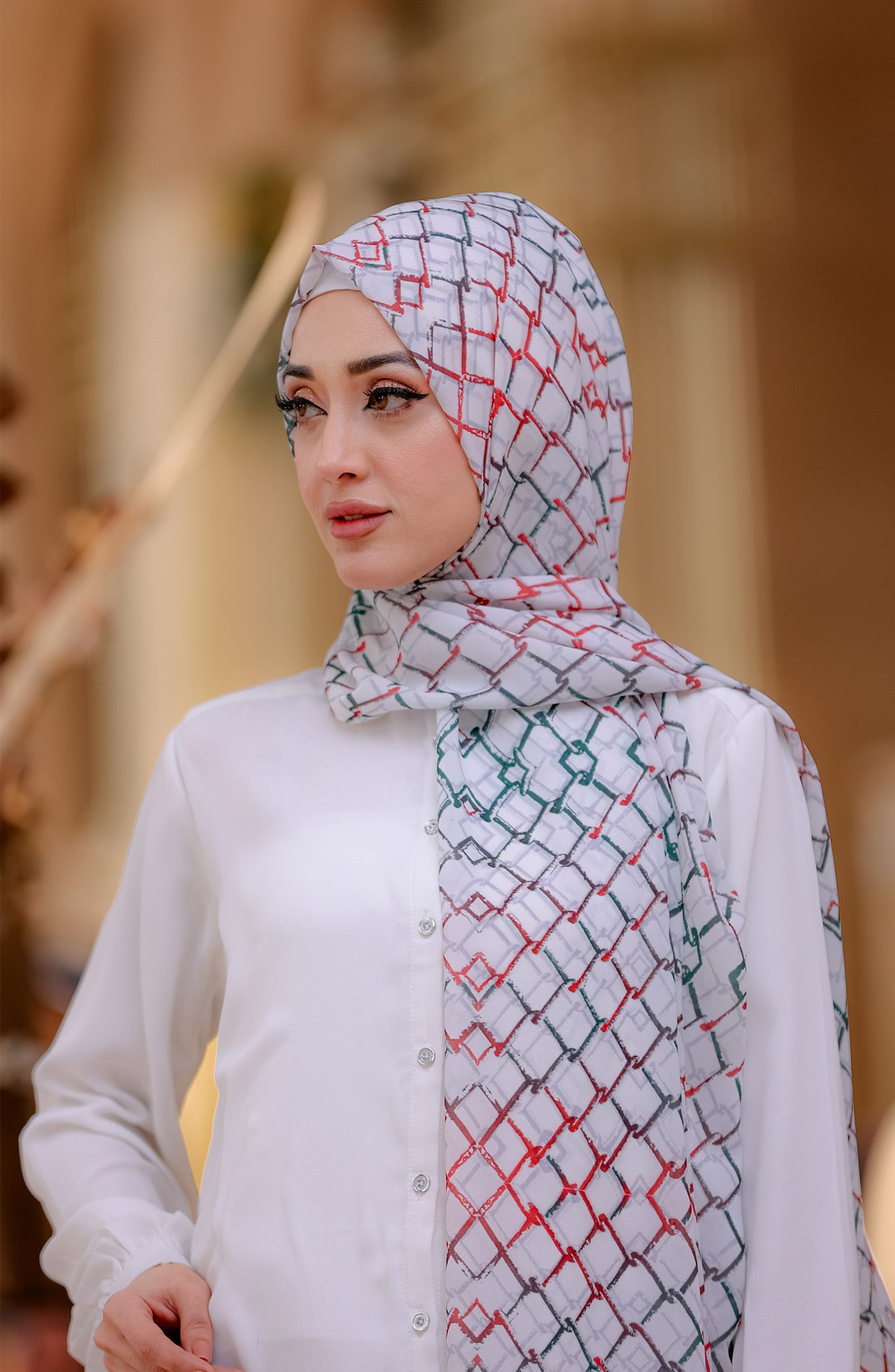 stylish white palestine hijab in geometric pattern