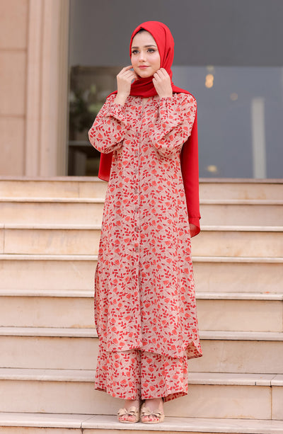 modest red floral beige co-ord set with long sleeves online