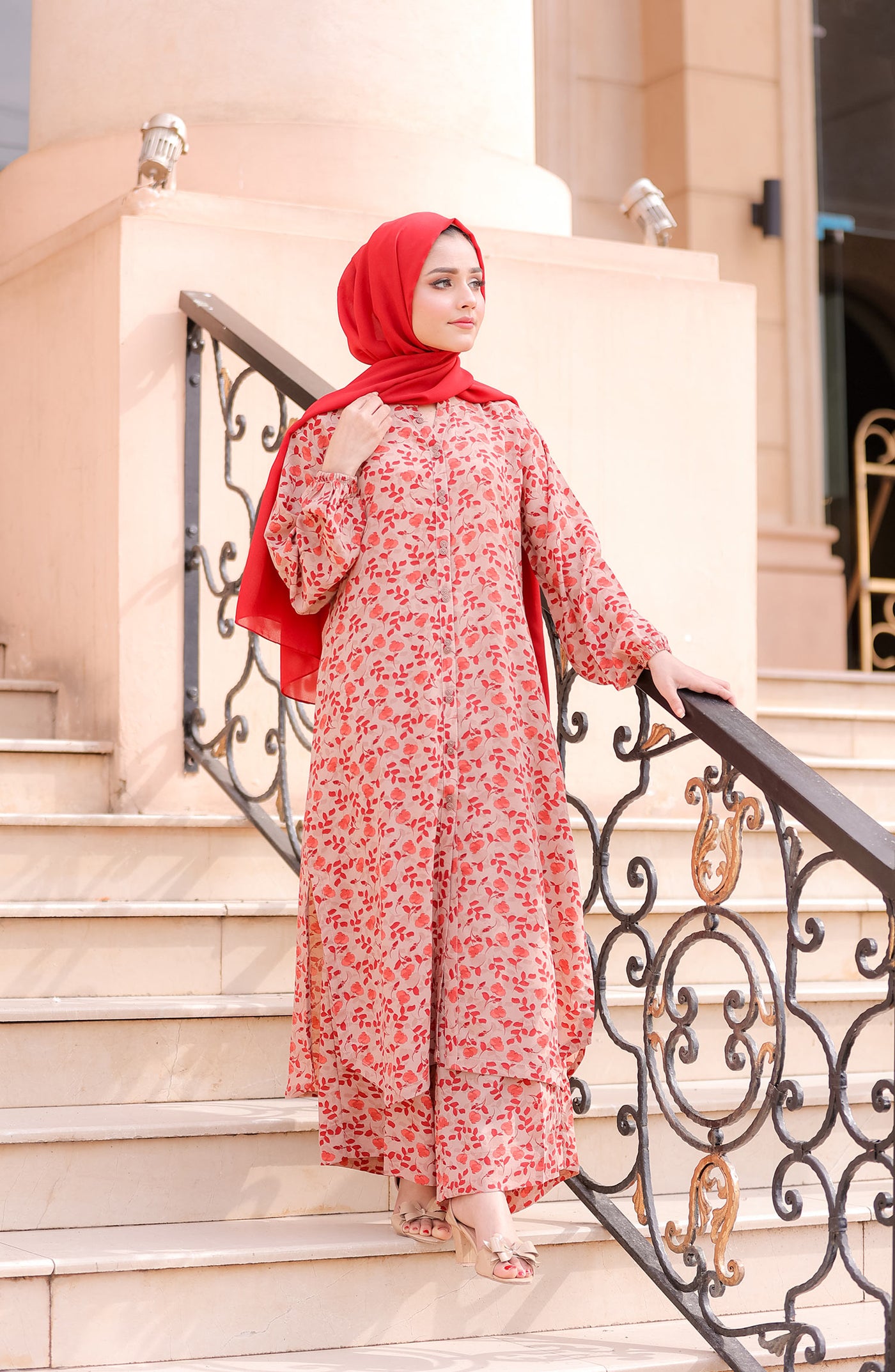 women in Beige co-ord set  with red florals in pakistan