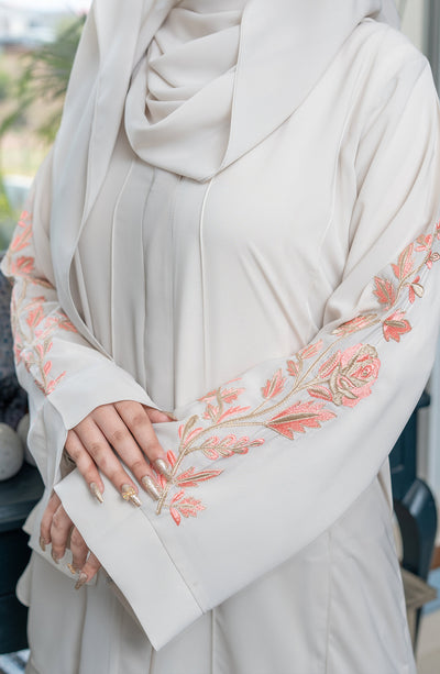 embroidered sleeved ivory front open abaya