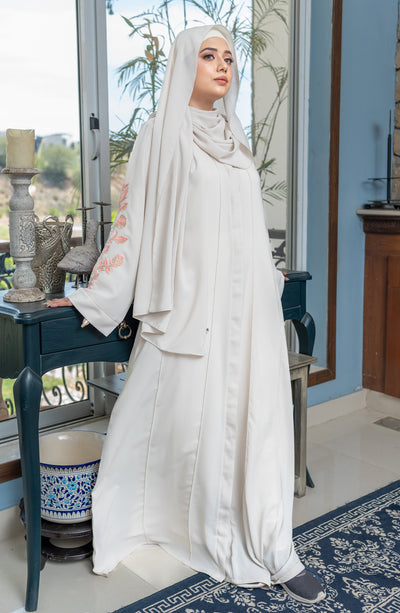 front open ivory embroidered abaya