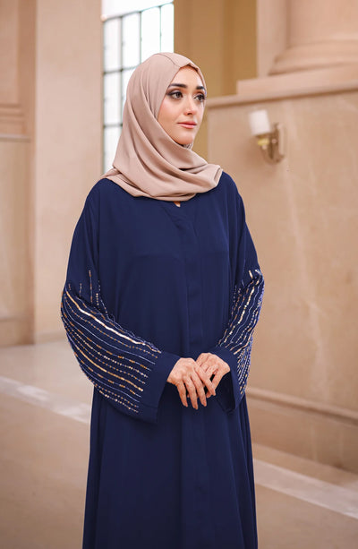 embellished abaya in blue colour by malbus