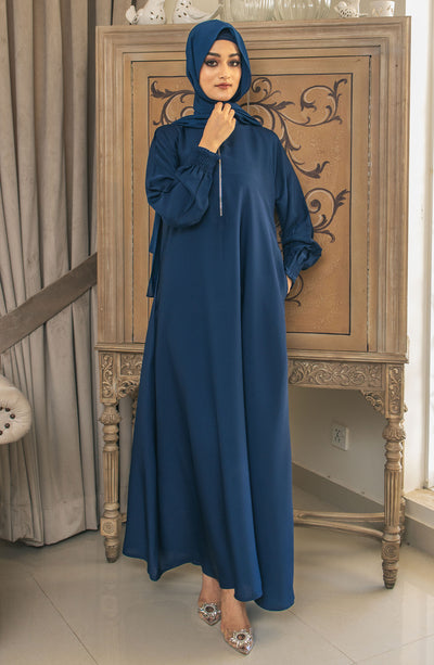 front closed blue abaya with metallic zipper on neckline