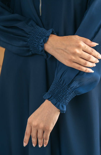 blue zipper abaya with Raglan sleeves (shirred hem)