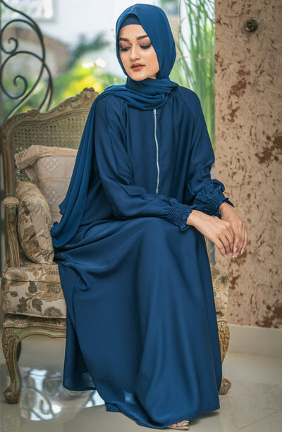 Front Closed Blue Zipper Abaya in Nida Fabric