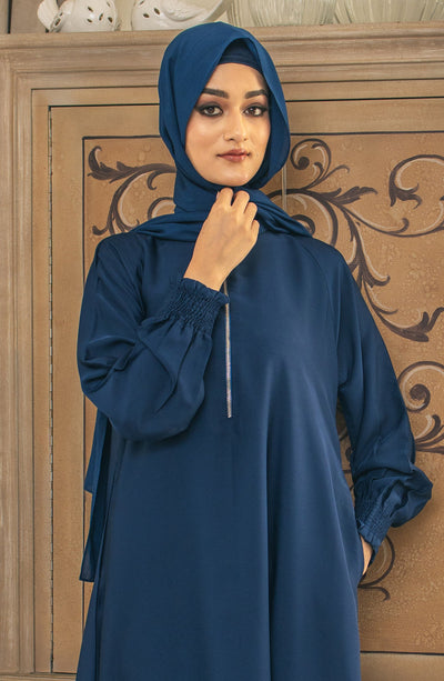 Front Closed Blue Zipper Abaya in Chiffon Fabric