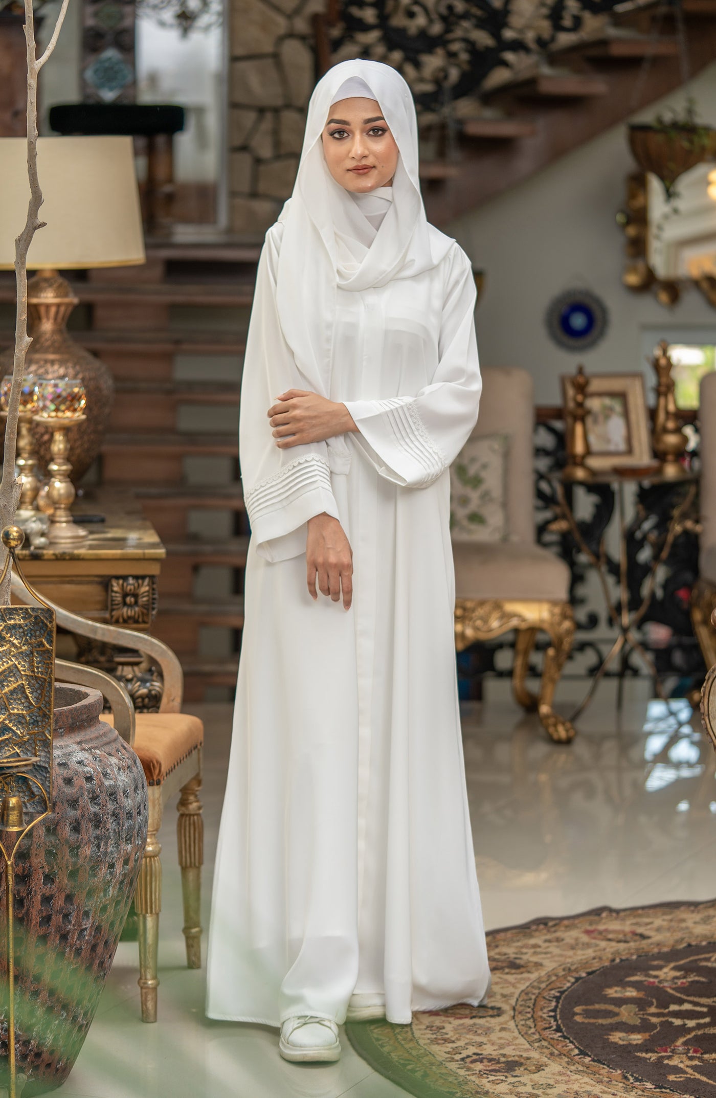 front open white lace abaya in Pakistan