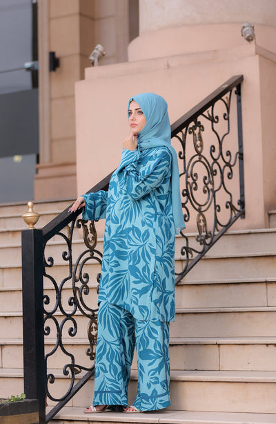 lady with turquoise loungewear & sky blue hijab in pakistan