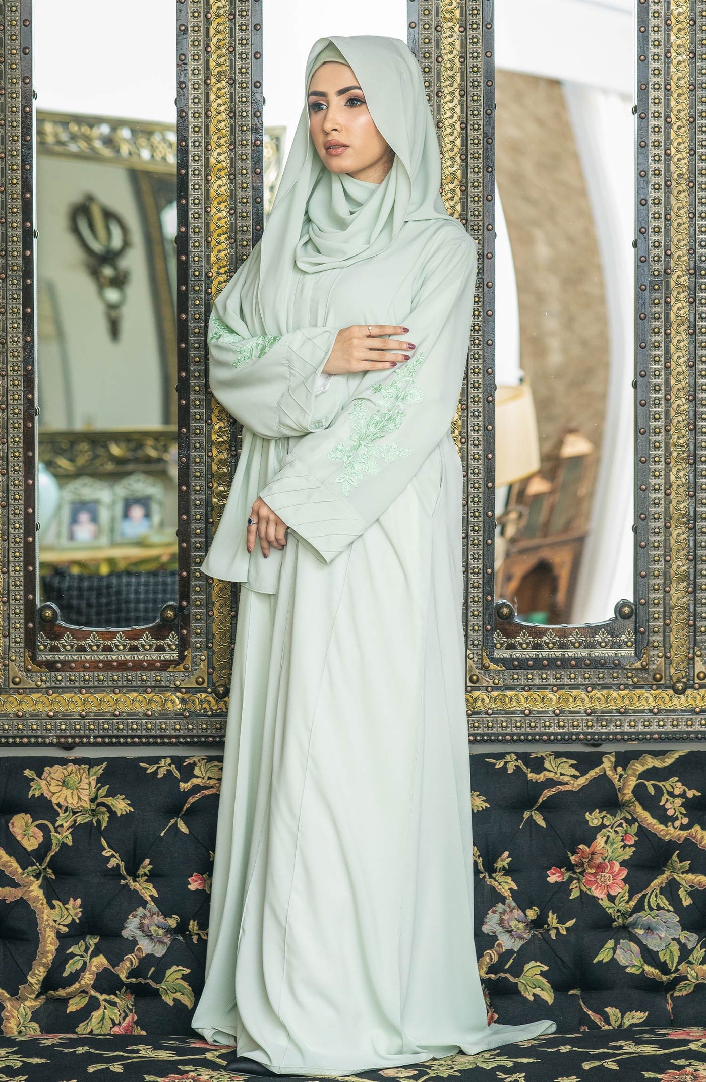 Front Open Mint Chiffon Abaya with Embroidered Sleeves