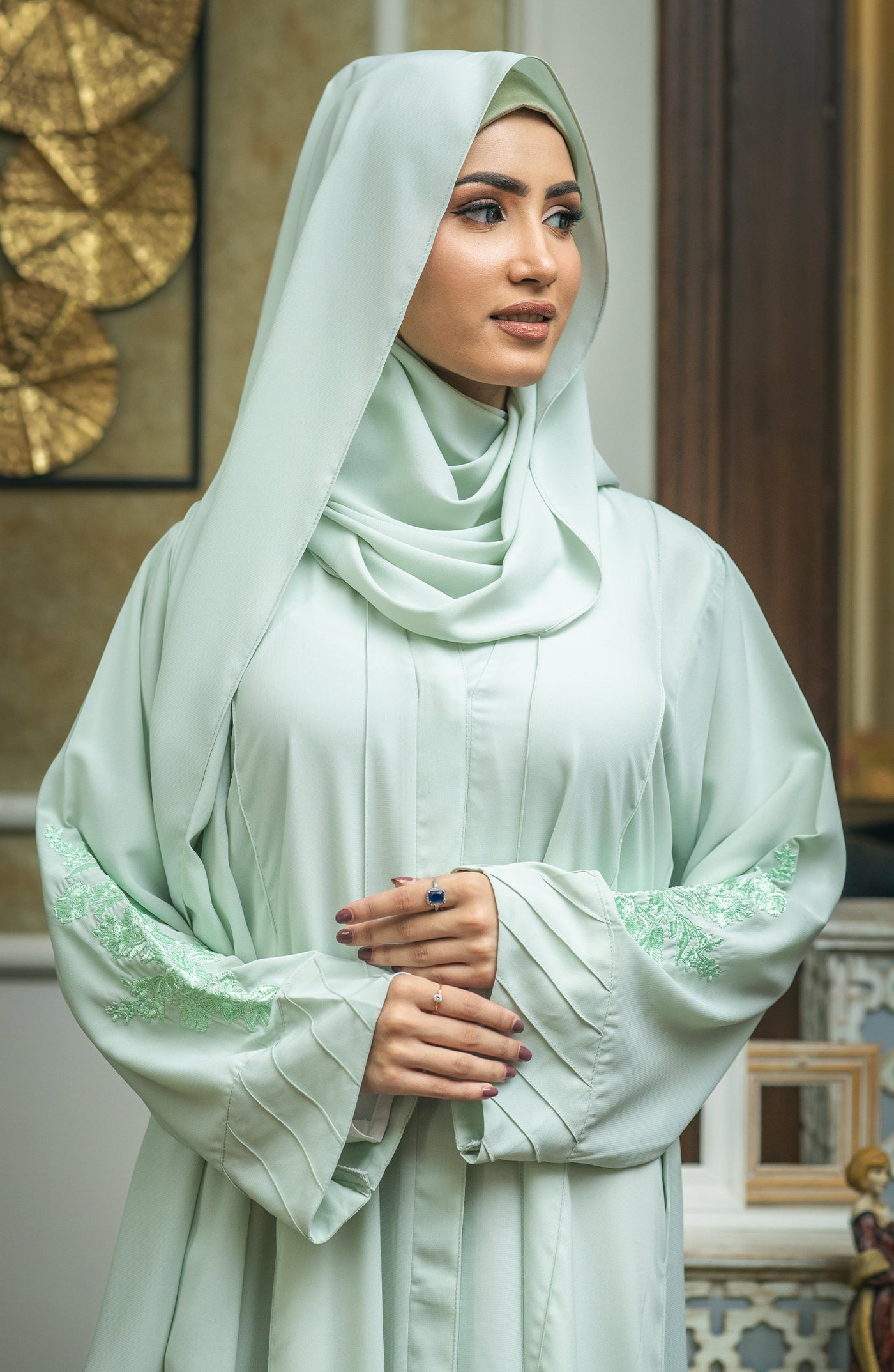 front open mint abaya with pin tucks on front panels