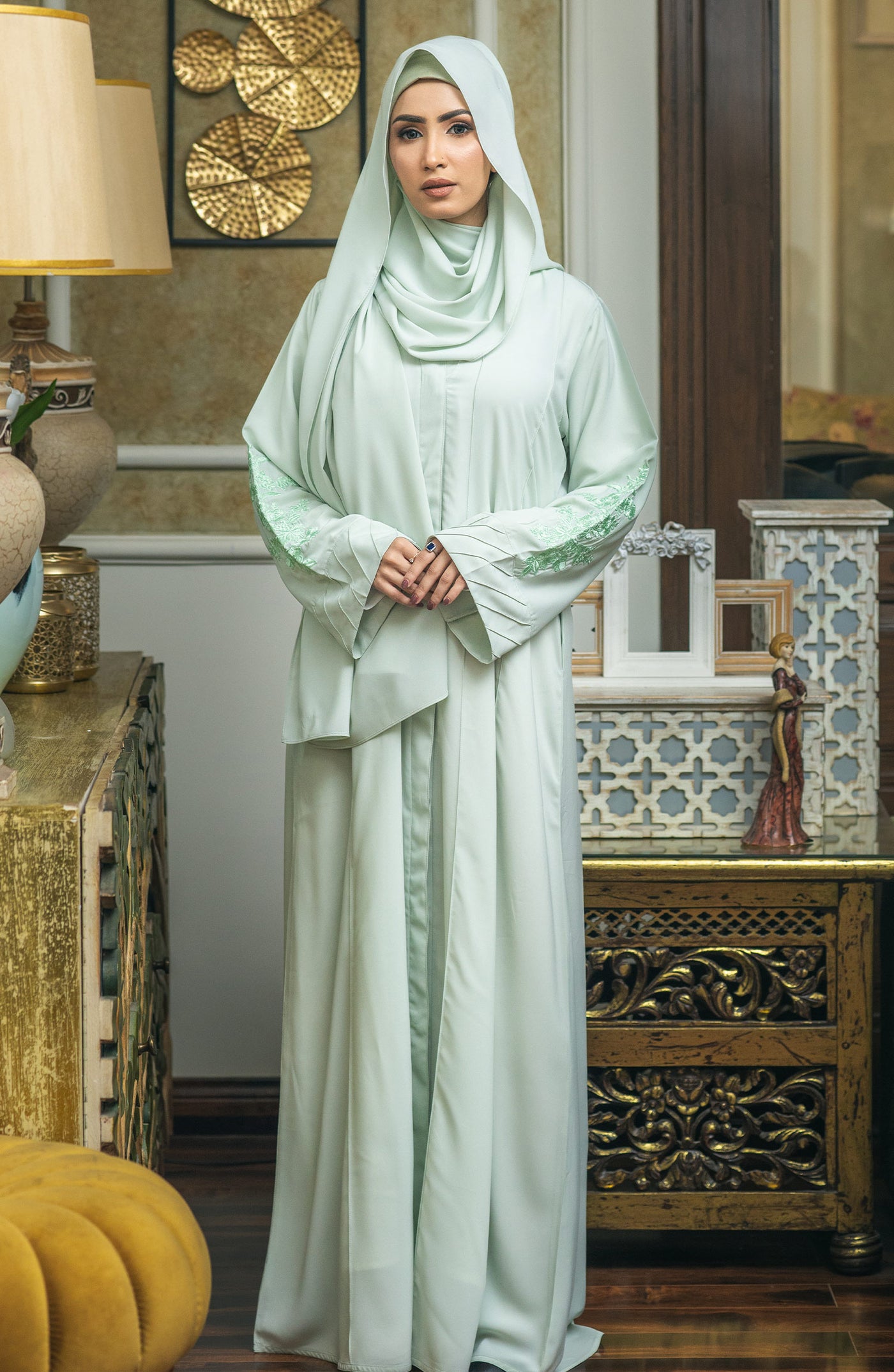 mint chiffon abaya with floral embroidery on sleeves