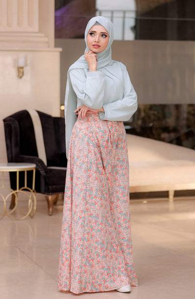 ocean long floral skirt with mint top and hijab