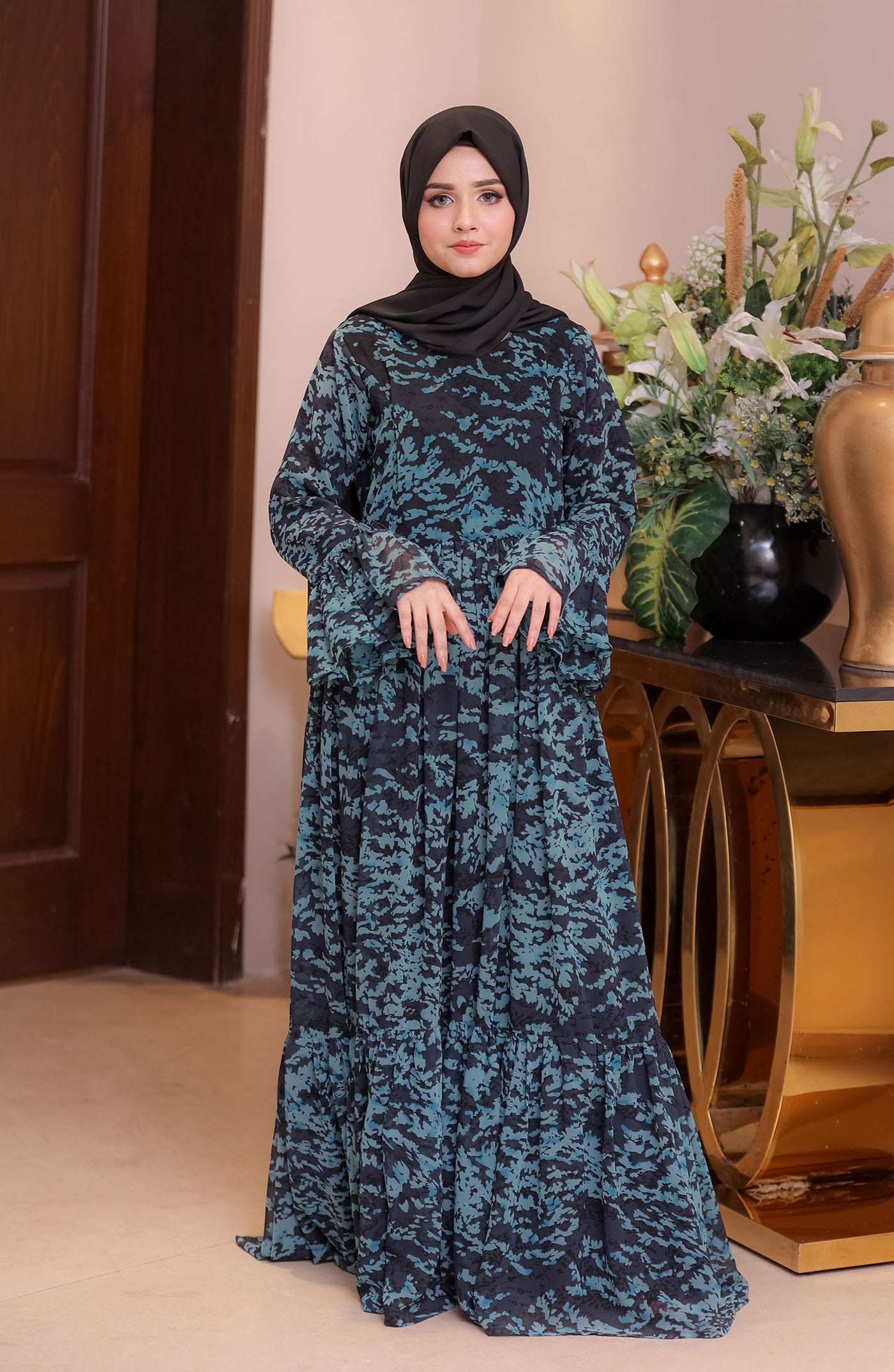 olivia navy blue long maxi dress with black hijab