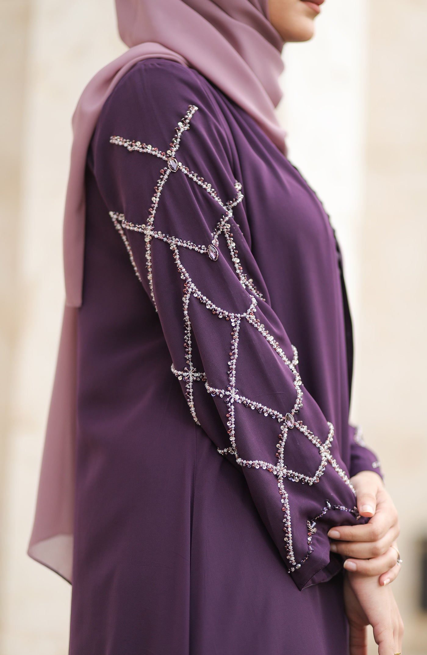hand embellishment abaya in dark purple color