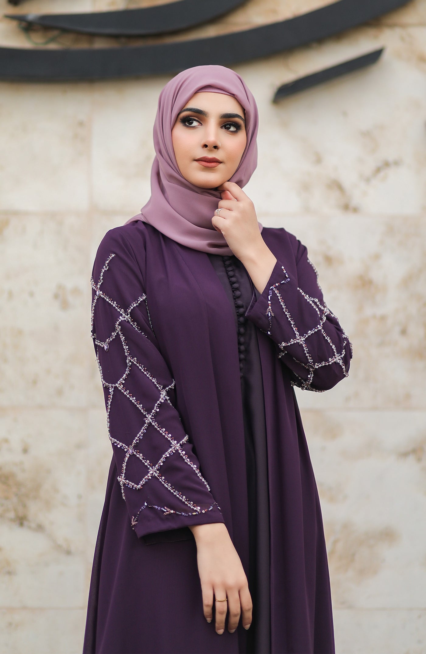 hand embellishment dark purple abaya
