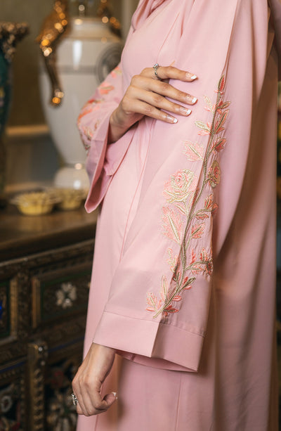 embroidered sleeved pink abaya