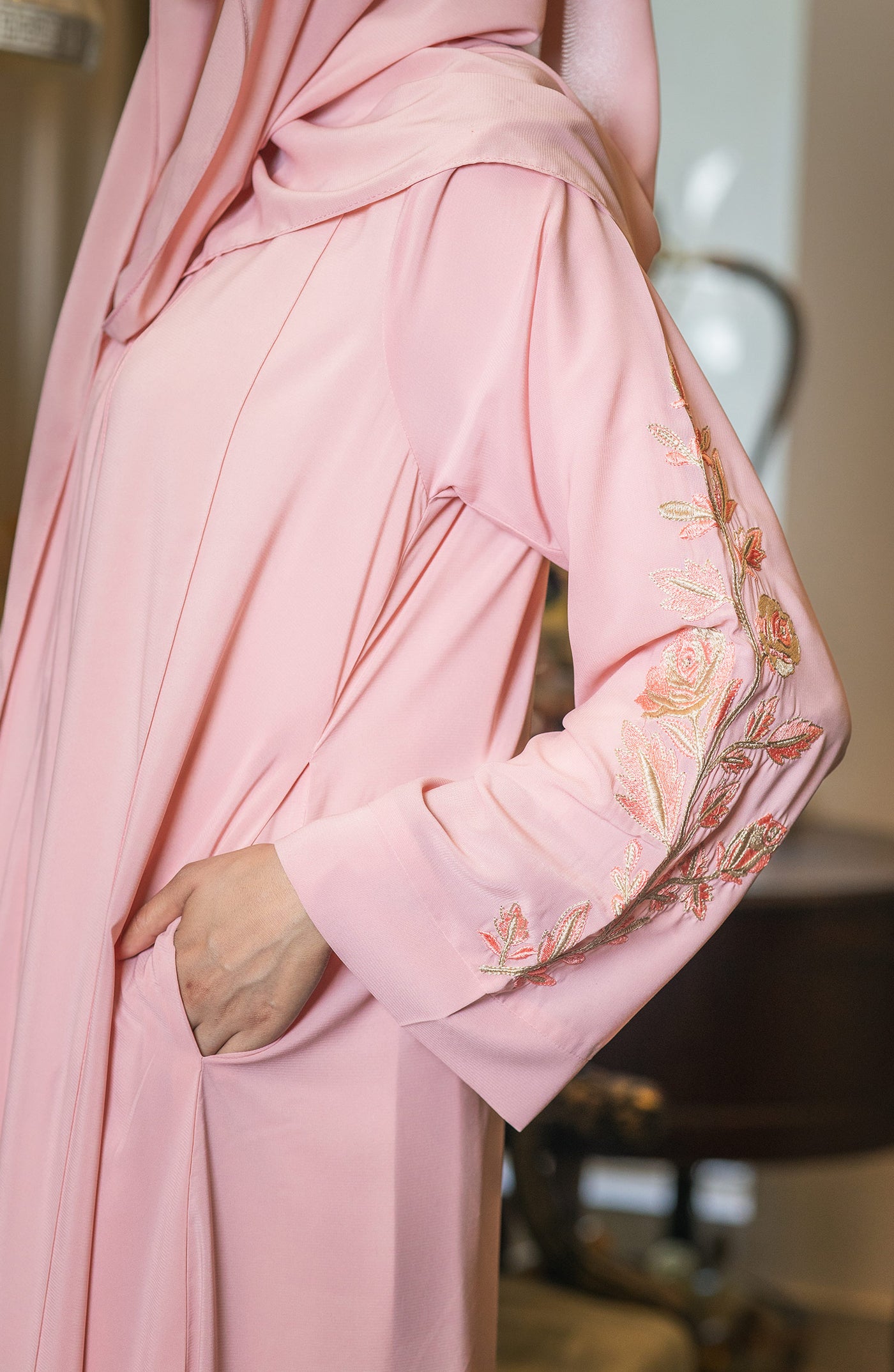 pink abaya with side pockets