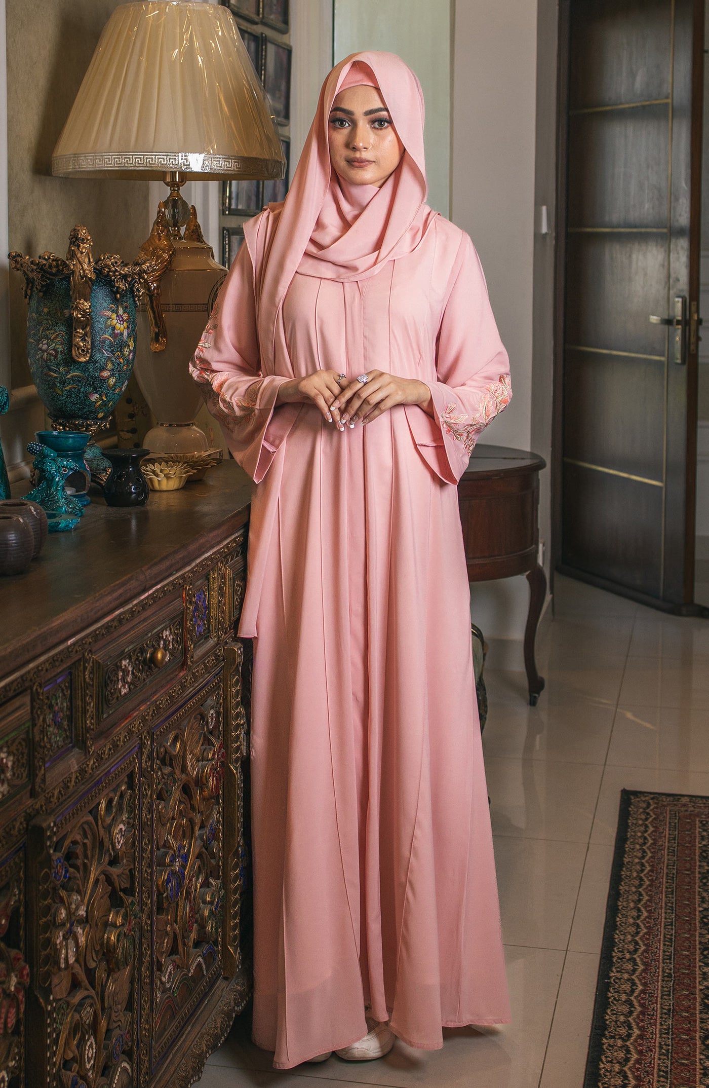 front open pink embroidered abaya