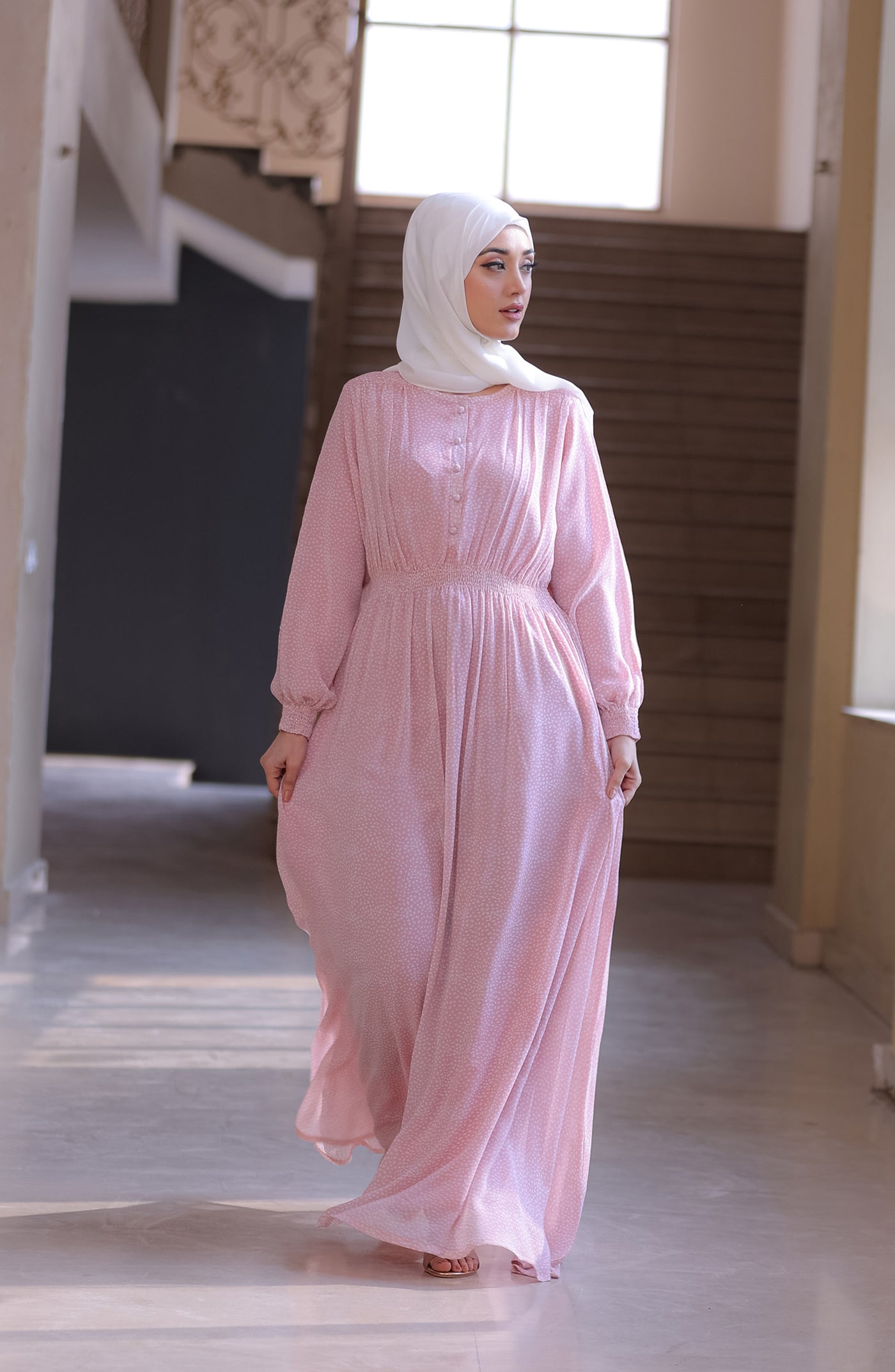 light pink long maxi dress with white hijab