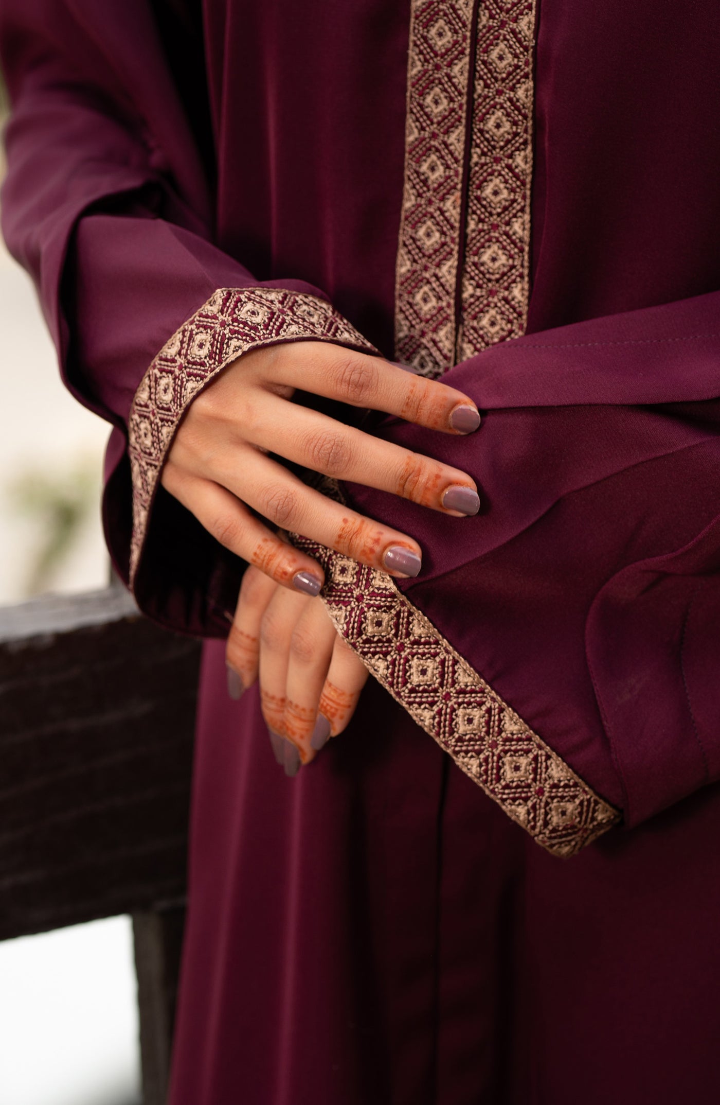 beautiful embroidered sleeves abaya in plum color