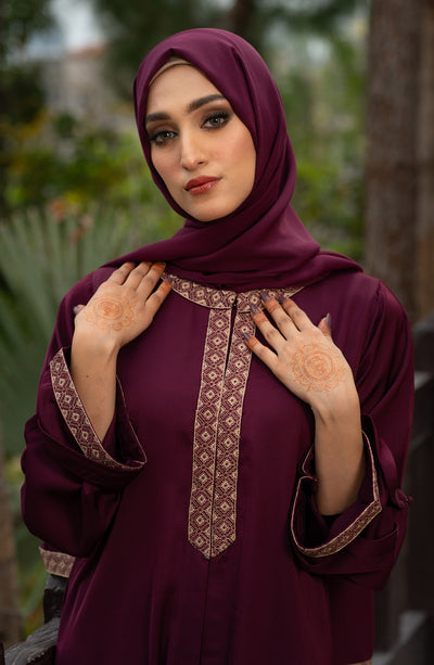 plum abaya with embroidered neckline