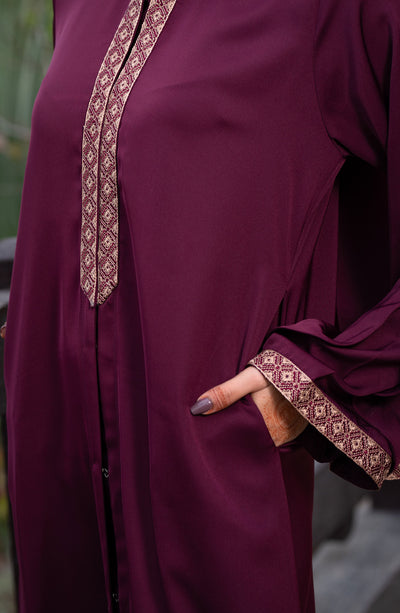plum embroidered abaya with side pockets