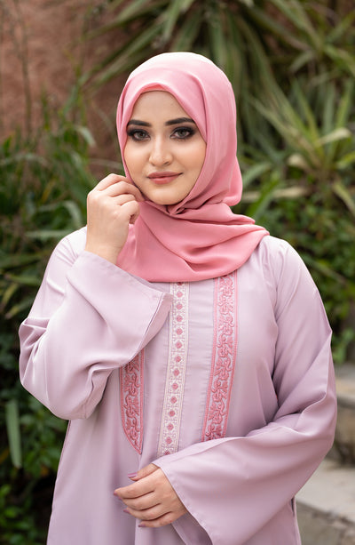 pink paneled abaya with embroidered borders