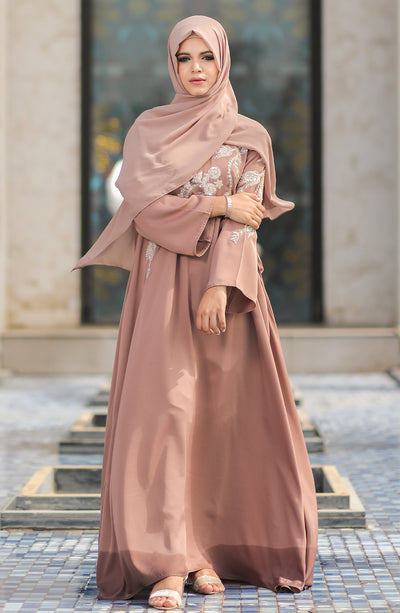 sand peach abaya with embroidery on chest and sleeves