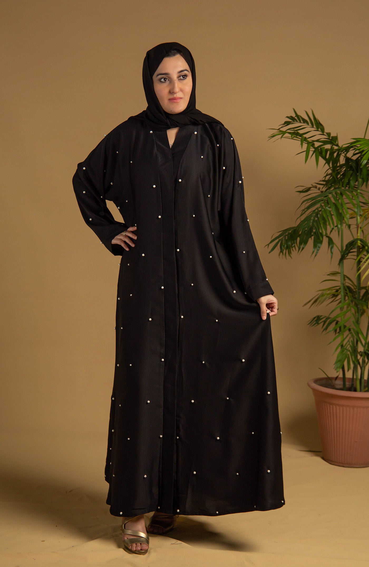 front open abaya in black