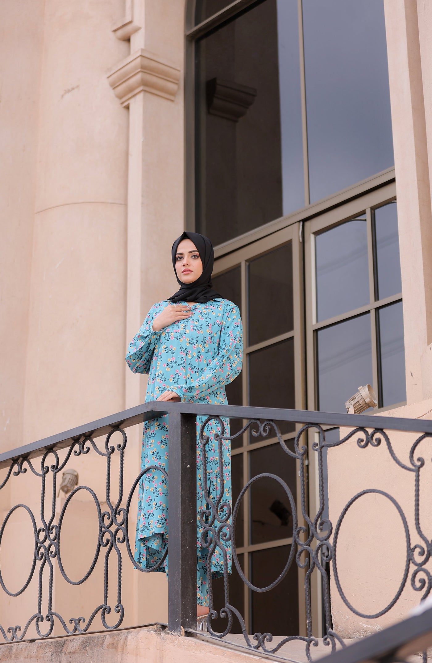 modest long ice blue co-ord set with black hijab
