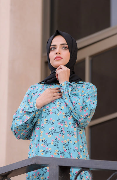 ice blue floral co-ord set with black hijab