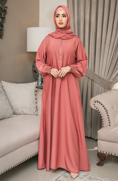front closed coral reef chiffon abaya with metallic zipper on neckline