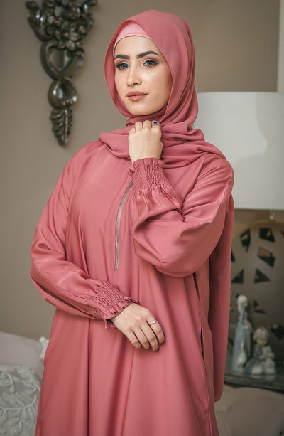 women with coral reef colour chiffon abaya and hijab