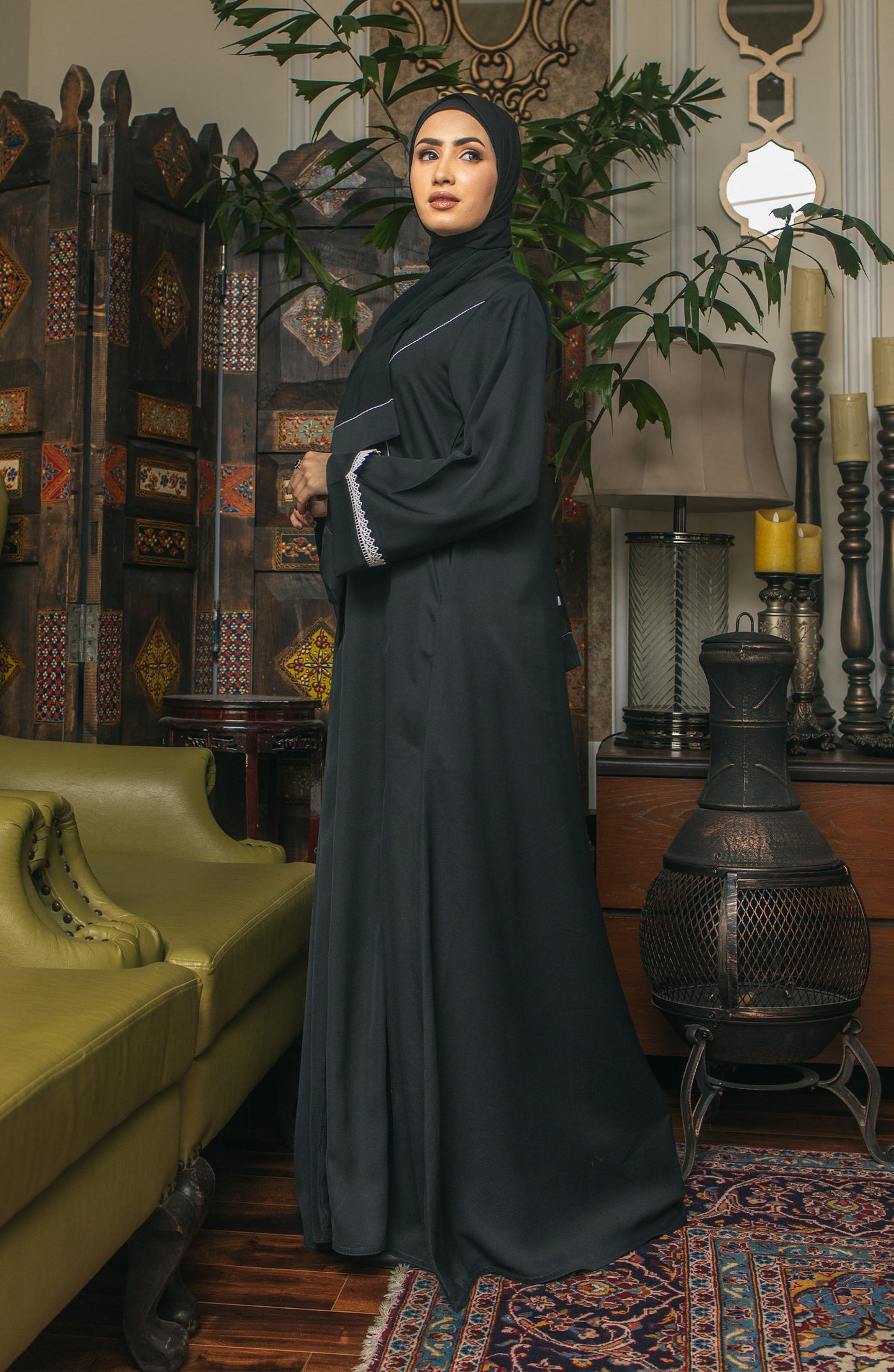 front open black lace abaya in Pakistan