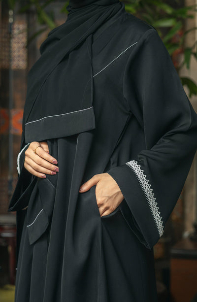 black lace abaya with side pockets