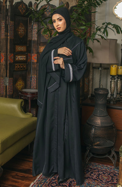 black lace abaya with snap buttons at front