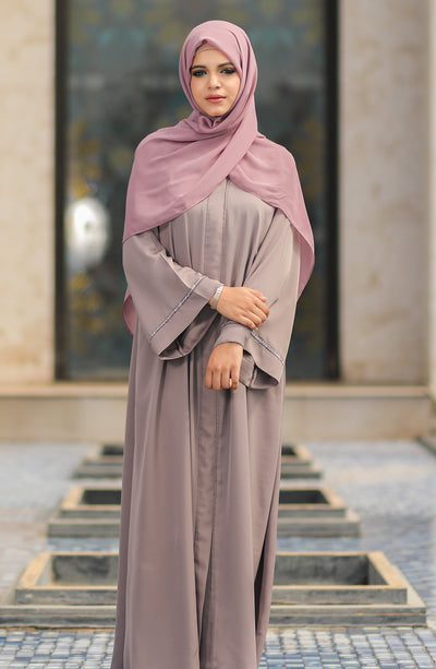 front open lilac abaya with precious stones on the edge of the sleeves