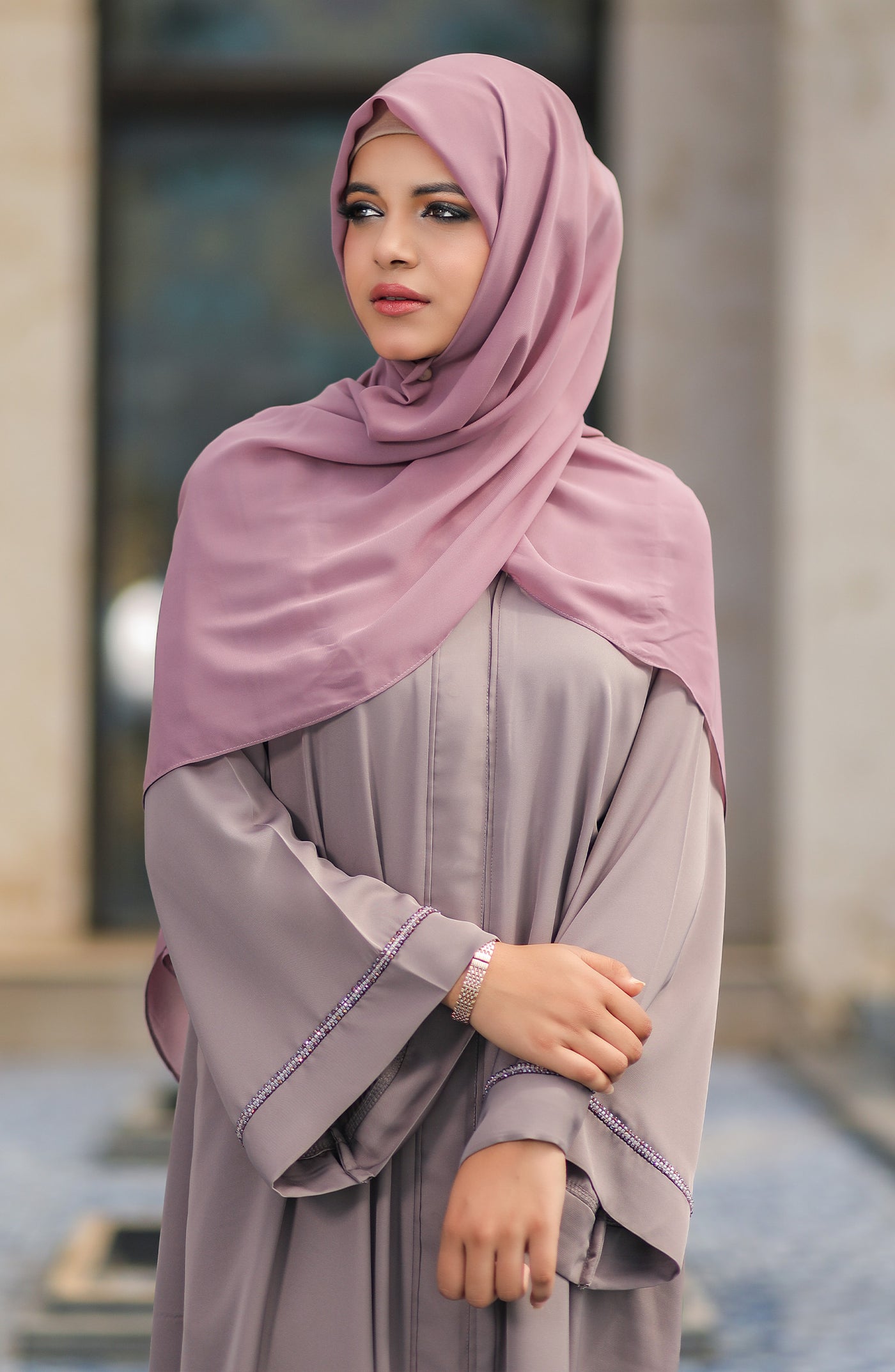 front open abaya in lilac colours