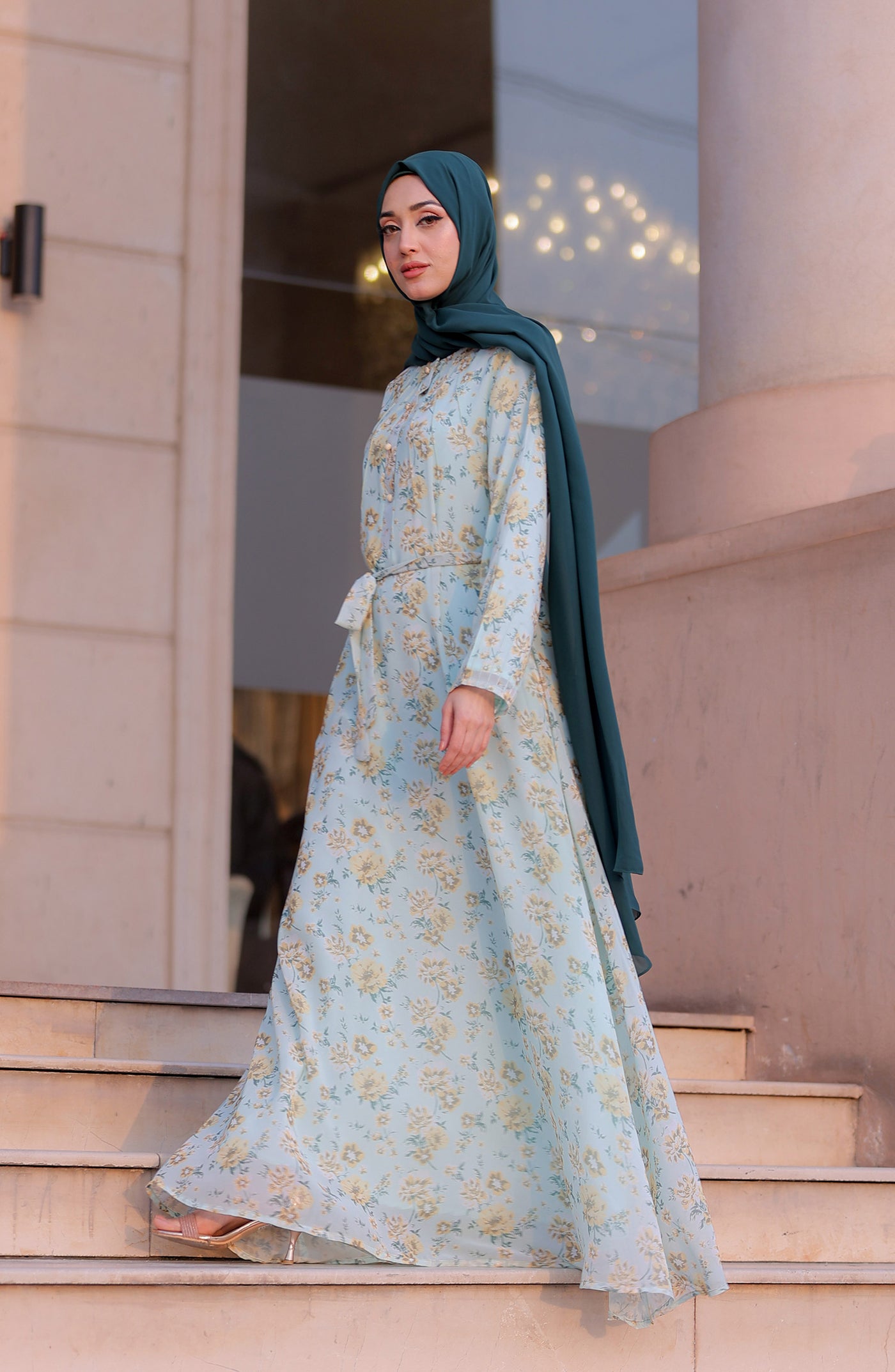 shallow belted maxi dress with long sleeves in pakistan