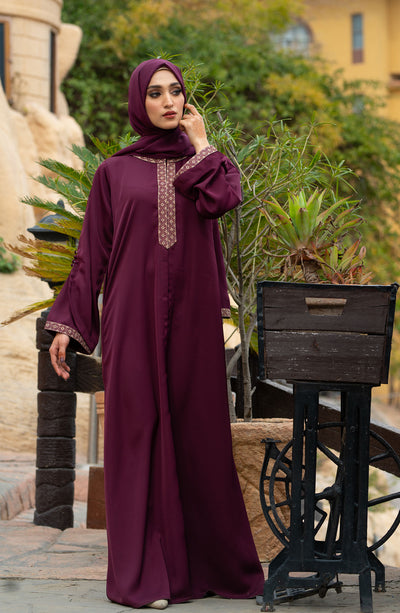 plum color abaya with embroidered sleeves