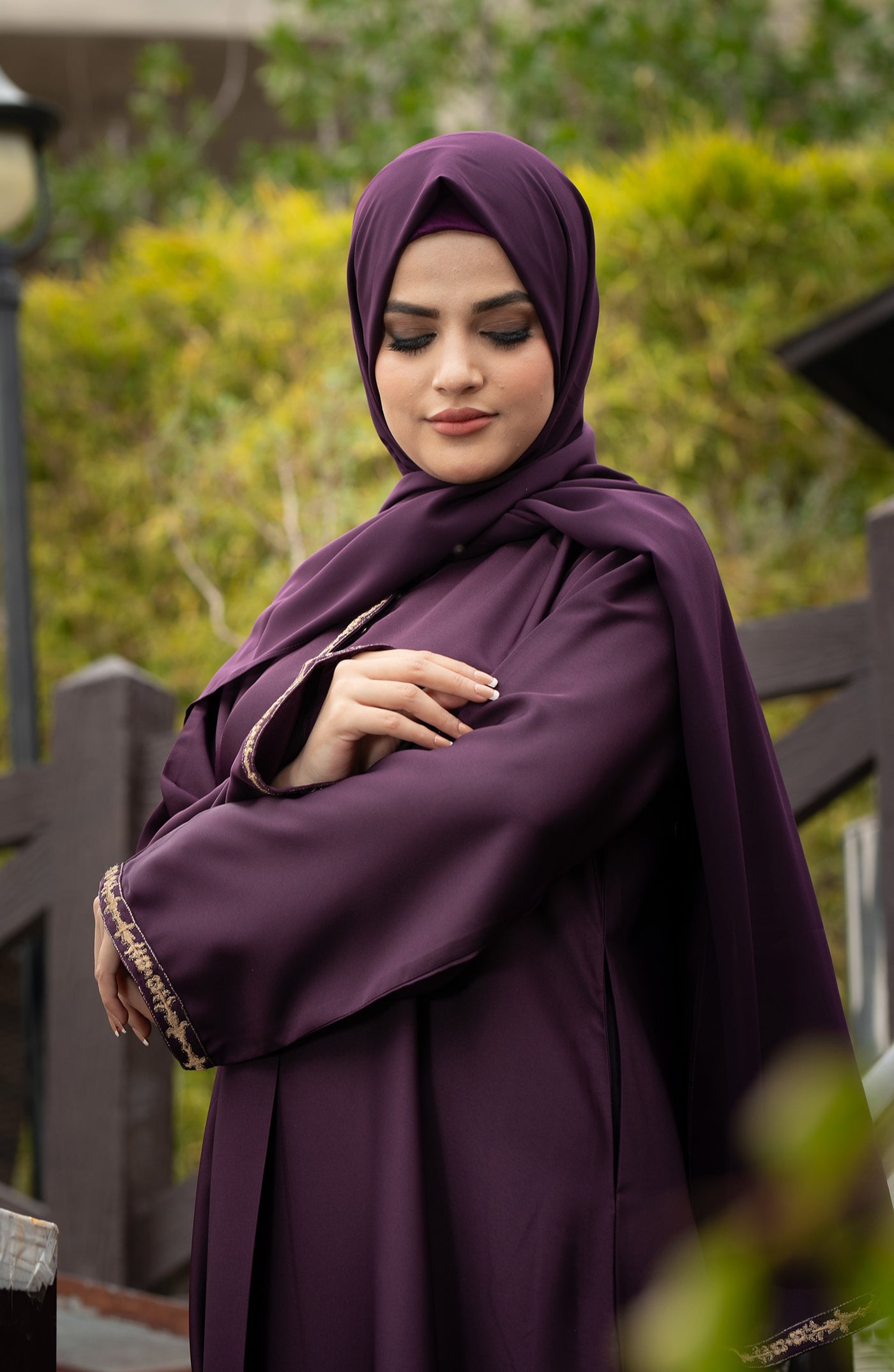 purple abaya with ban collar neckline