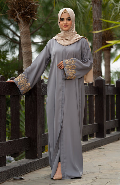 sage green abaya with embroidered sleeves