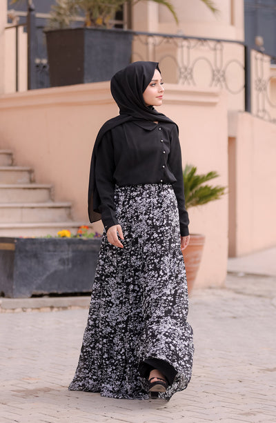 black long skirt with white floral