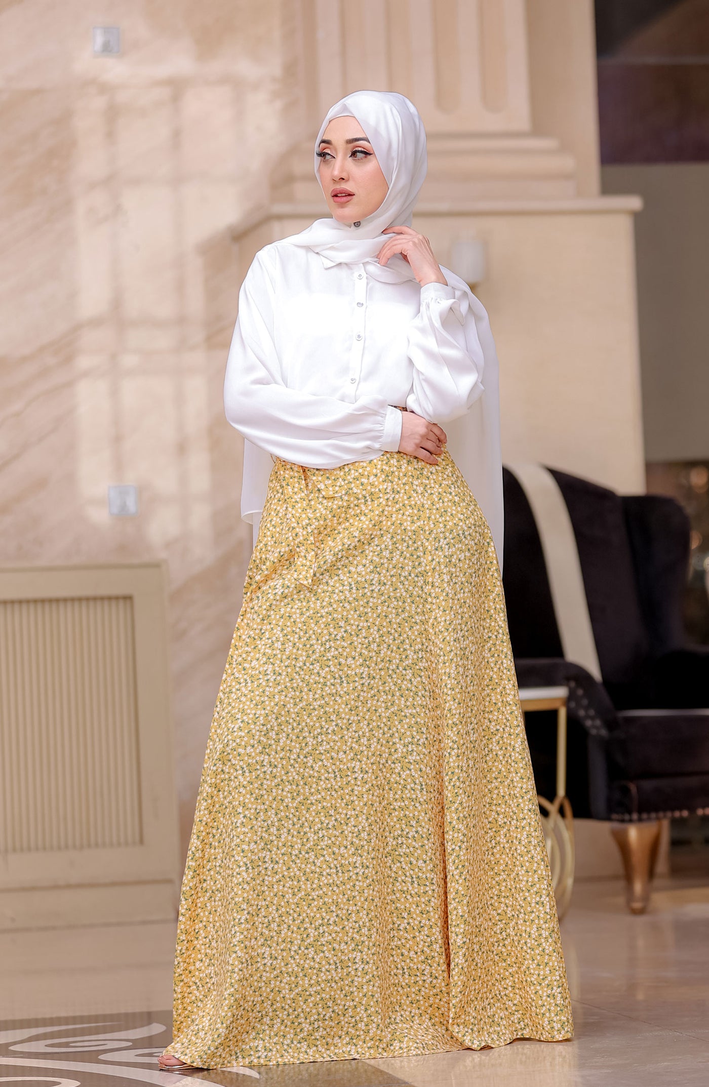 beautiful long floral skirt with white hijab and top