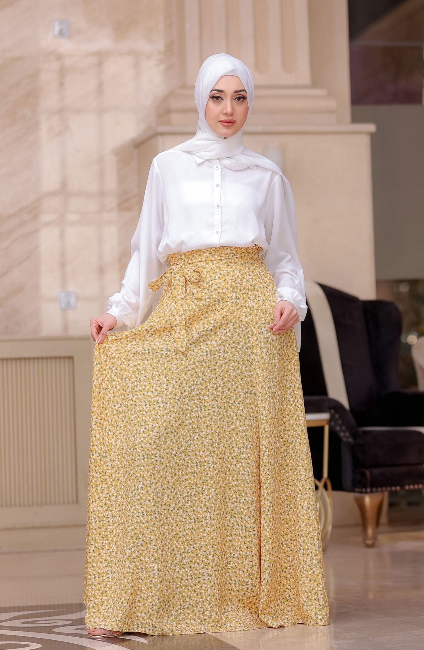 tropical long skirt with white top and hijab