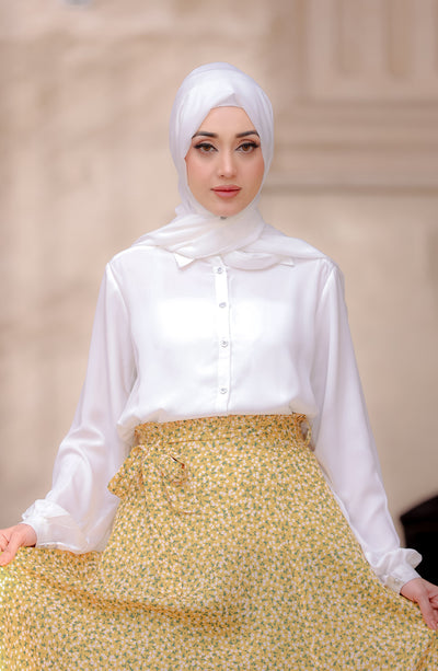 tropical floral skirt with white top and hijab